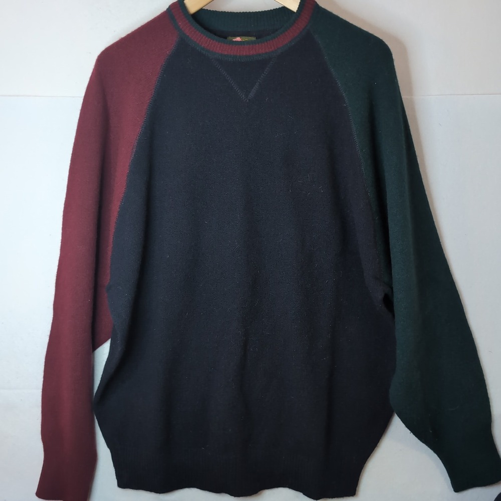 Evergreen Wool Sweater Mens XL Colorblock Navy Burgundy Green Crew Neck Raglan